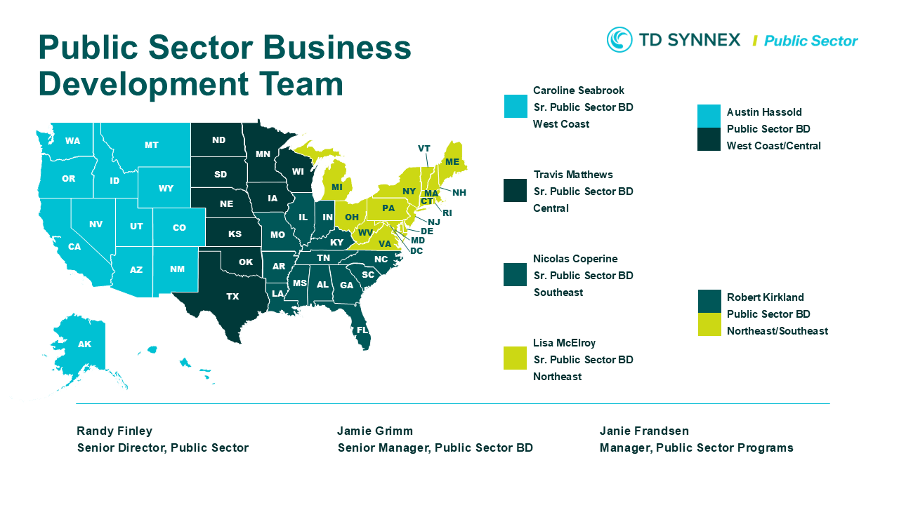 Map displaying the TD SYNNEX Public Sector Business Development Team