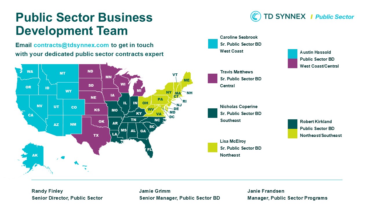 Map displaying the TD SYNNEX Public Sector Business Development Team